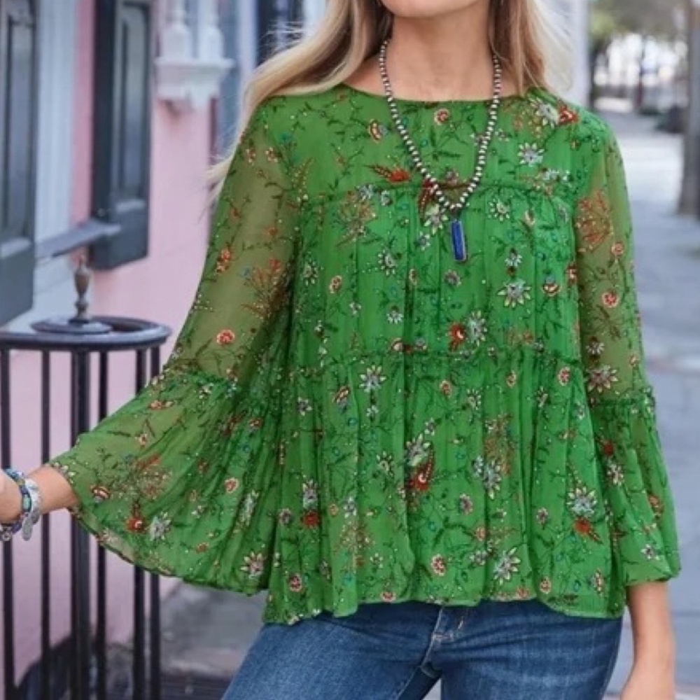 Sundance Tiered Bell Sleeve Green Floral Flowy Blouse Sz XS - Picture 10 of 11